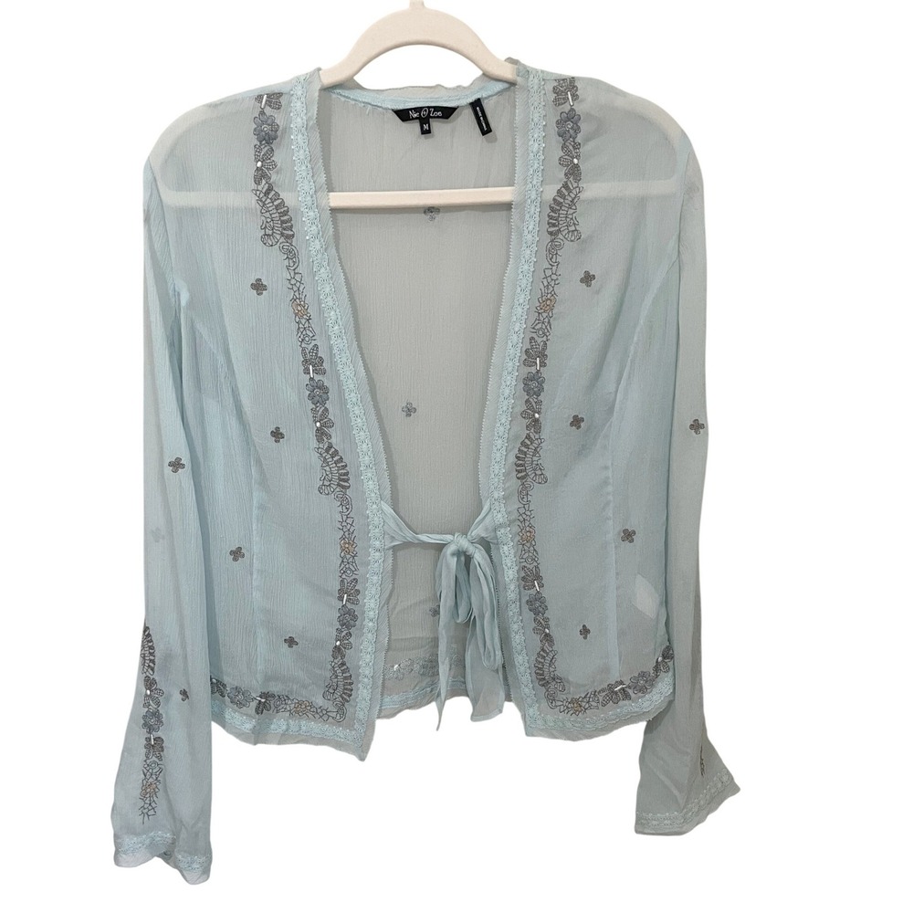 Nic + Zoe Size M 100% Silk Embroidered Fairy Top Blue Sheer Lace Trim Ethereal